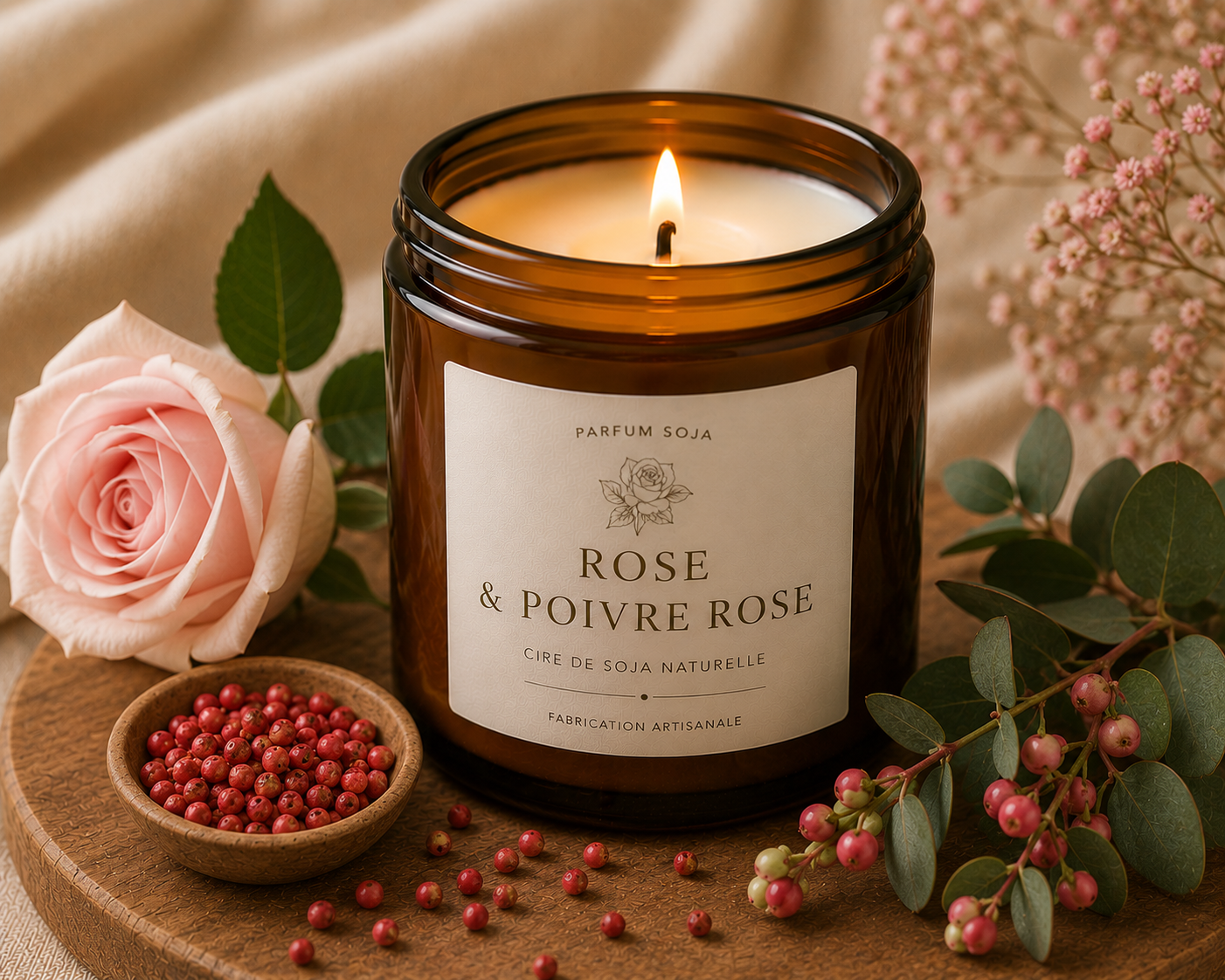 bougie rose et poiivre rose
